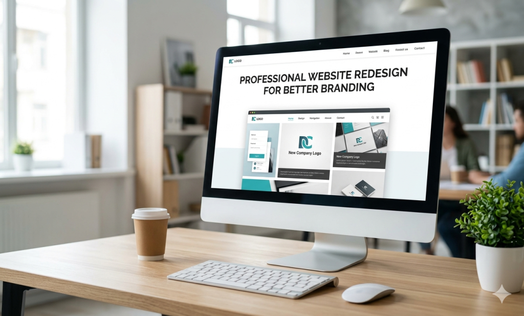 A desktop computer in a modern office displaying a webpage with the text "Professional Website Redesign For Better Branding.
