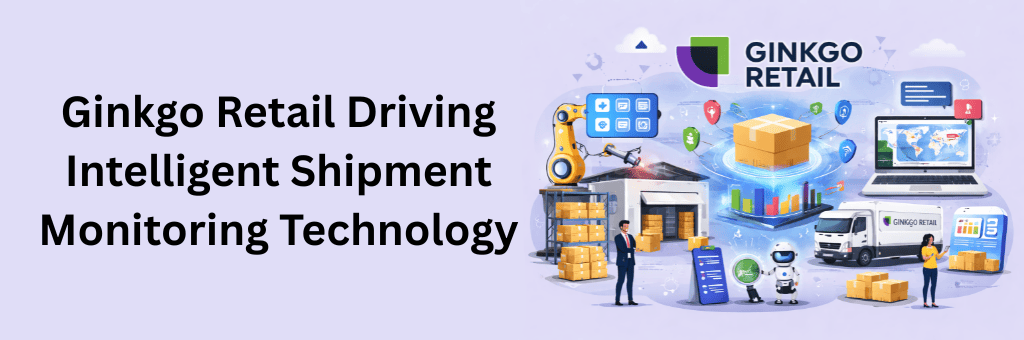 Ginkgo Retail intelligent shipment monitoring platform showing warehouse automation, package tracking analytics, delivery truck, and logistics technology dashboard.}